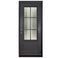 Single entryway door made with a thick iron frame. Door has a 3/4 glass window panel with window-frame detailing and is thermally broken to protect from extreme weather.