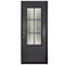 Single entryway door made with a thick iron frame. Door has a 3/4 glass window panel with window-frame detailing and is thermally broken to protect from extreme weather.