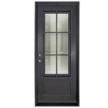 Load image into Gallery viewer, Single entryway door made with a thick iron frame. Door has a 3/4 glass window panel with window-frame detailing and is thermally broken to protect from extreme weather.