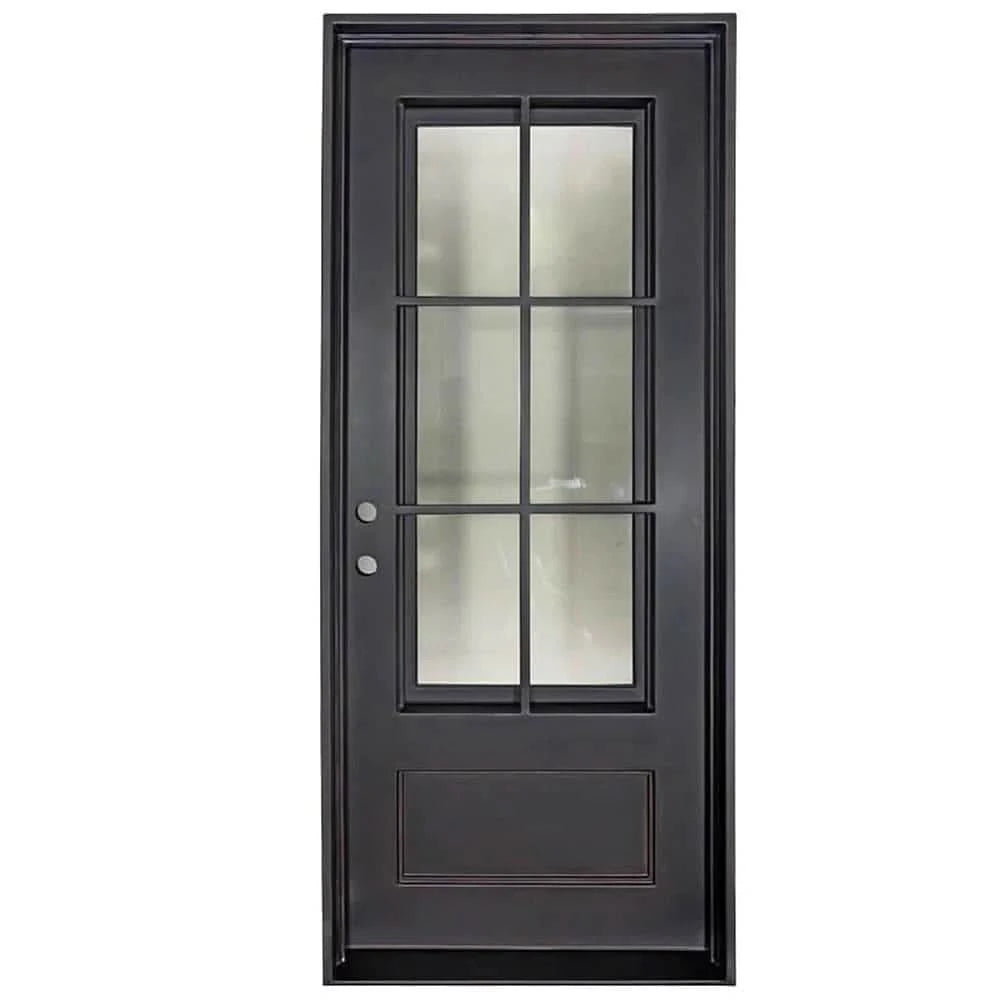 Single entryway door made with a thick iron frame. Door has a 3/4 glass window panel with window-frame detailing and is thermally broken to protect from extreme weather.