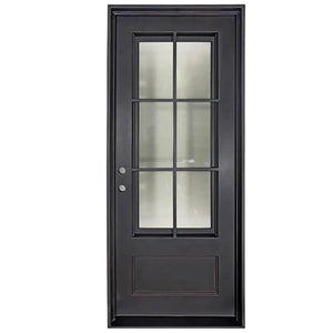 Single entryway door made with a thick iron frame. Door has a 3/4 glass window panel with window-frame detailing and is thermally broken to protect from extreme weather.