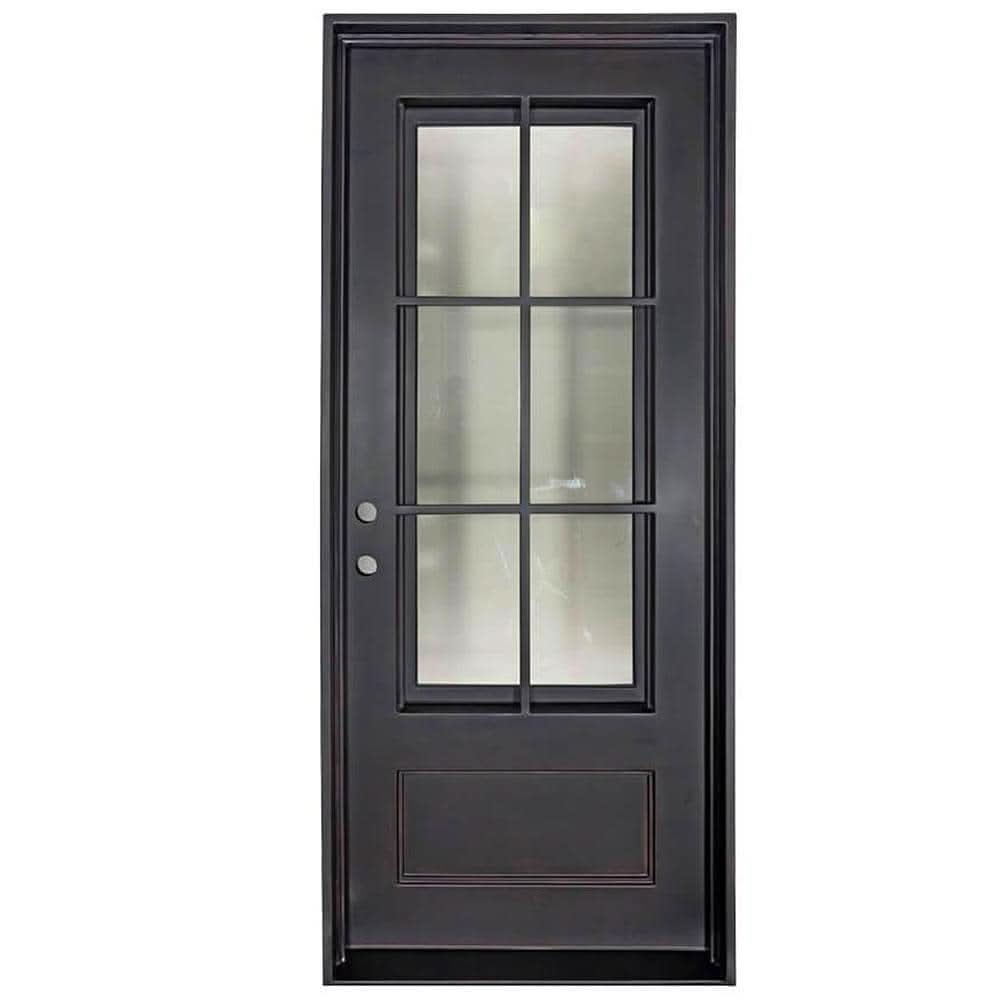 Single entryway door made with a thick iron frame. Door has a 3/4 glass window panel with window-frame detailing and is thermally broken to protect from extreme weather.