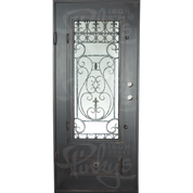 Parkside Black metal flat top single door with glass center and ironwork.
