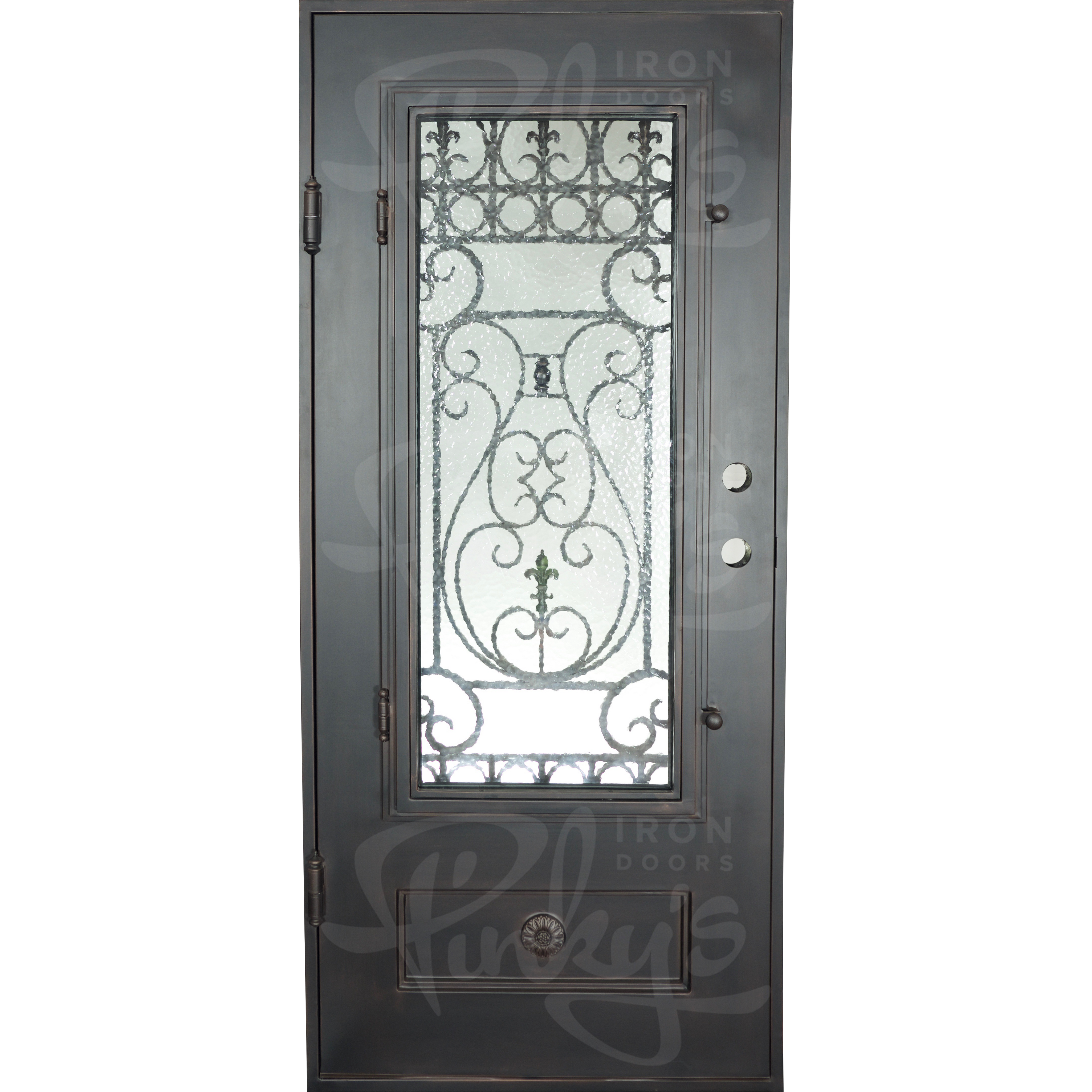 Parkside Black metal flat top single door with glass center and ironwork.