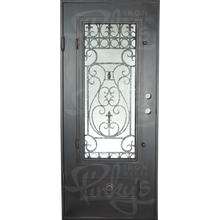 Load image into Gallery viewer, Single entryway door made from thick iron. Door has a 3/4 glass panel behind intricate iron detailing and is thermally broken to protect from extreme weather.