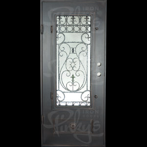 Single entryway door made from thick iron. Door has a 3/4 glass panel behind intricate iron detailing and is thermally broken to protect from extreme weather.