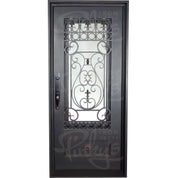 Parkside Black pre-hung flat top single door with glass and decorative scrollwork.