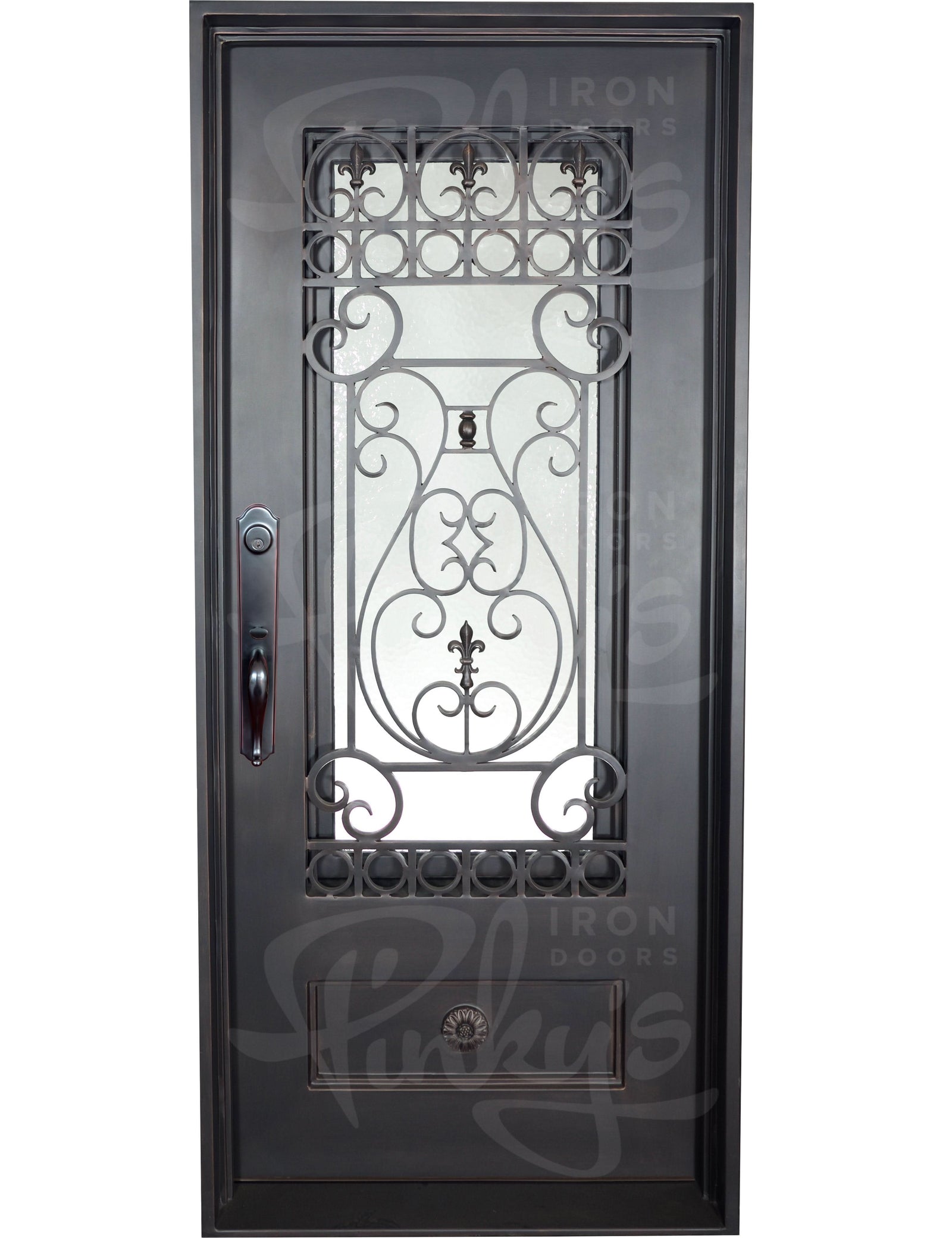 Parkside Black pre-hung flat top single door with glass and decorative scrollwork.