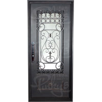 Single entryway door made from thick iron. Door has a 3/4 glass panel behind intricate iron detailing and is thermally broken to protect from extreme weather.