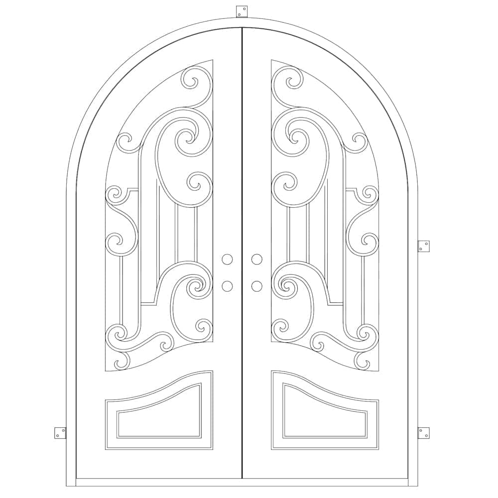 Double entryway doors made with a thick iron frame. Doors feature 3/4 glass panels behind intricate iron designs and are thermally broken to protect from extreme weather.