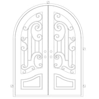 Double entryway doors made with a thick iron frame. Doors feature 3/4 glass panels behind intricate iron designs and are thermally broken to protect from extreme weather.