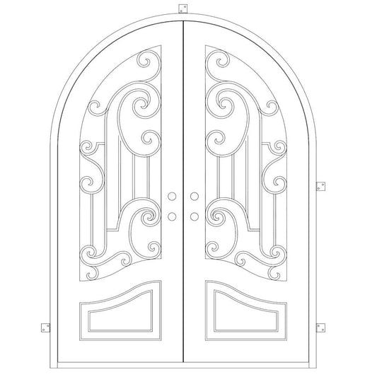 Double entryway doors with a thick iron and steel frame and a full pane of glass behind intricate iron detailing.