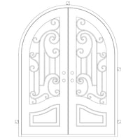 Double entryway doors made with a thick iron frame. Doors feature 3/4 glass panels behind intricate iron designs and are thermally broken to protect from extreme weather.