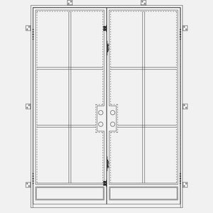 Double doors made with a thin iron frame and a full panel of glass on each door separated into 6 windowpanes. Doors are thermally broken to protect from extreme weather.