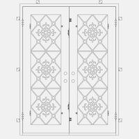 Double entryway doors with full length pane of glass behind intricate iron detailing.