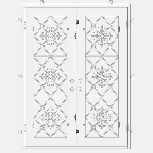 Double entryway doors with full length pane of glass behind intricate iron detailing.