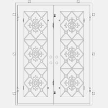 Load image into Gallery viewer, Double entryway doors with full length pane of glass behind intricate iron detailing.