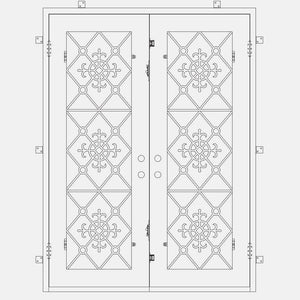 Double entryway doors with full length pane of glass behind intricate iron detailing.