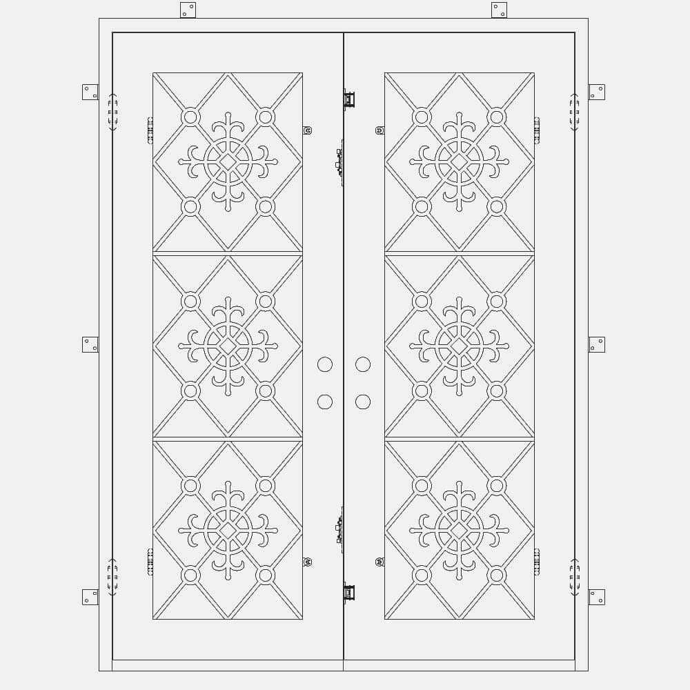 Double entryway doors with full panes of glass behind intricate iron detailing. Doors are thermally broken to protect from extreme weather.