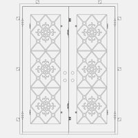 Double entryway doors with full panes of glass behind intricate iron detailing. Doors are thermally broken to protect from extreme weather.