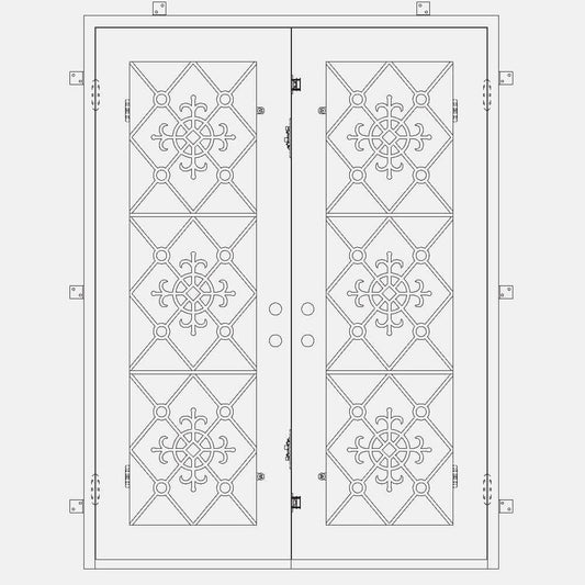 Double entryway doors with full panes of glass behind intricate iron detailing. Doors are thermally broken to protect from extreme weather.