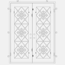 Load image into Gallery viewer, Double entryway doors with full panes of glass behind intricate iron detailing. Doors are thermally broken to protect from extreme weather.