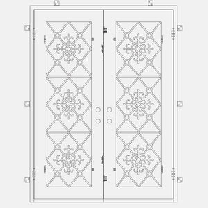 Double entryway doors with full panes of glass behind intricate iron detailing. Doors are thermally broken to protect from extreme weather.