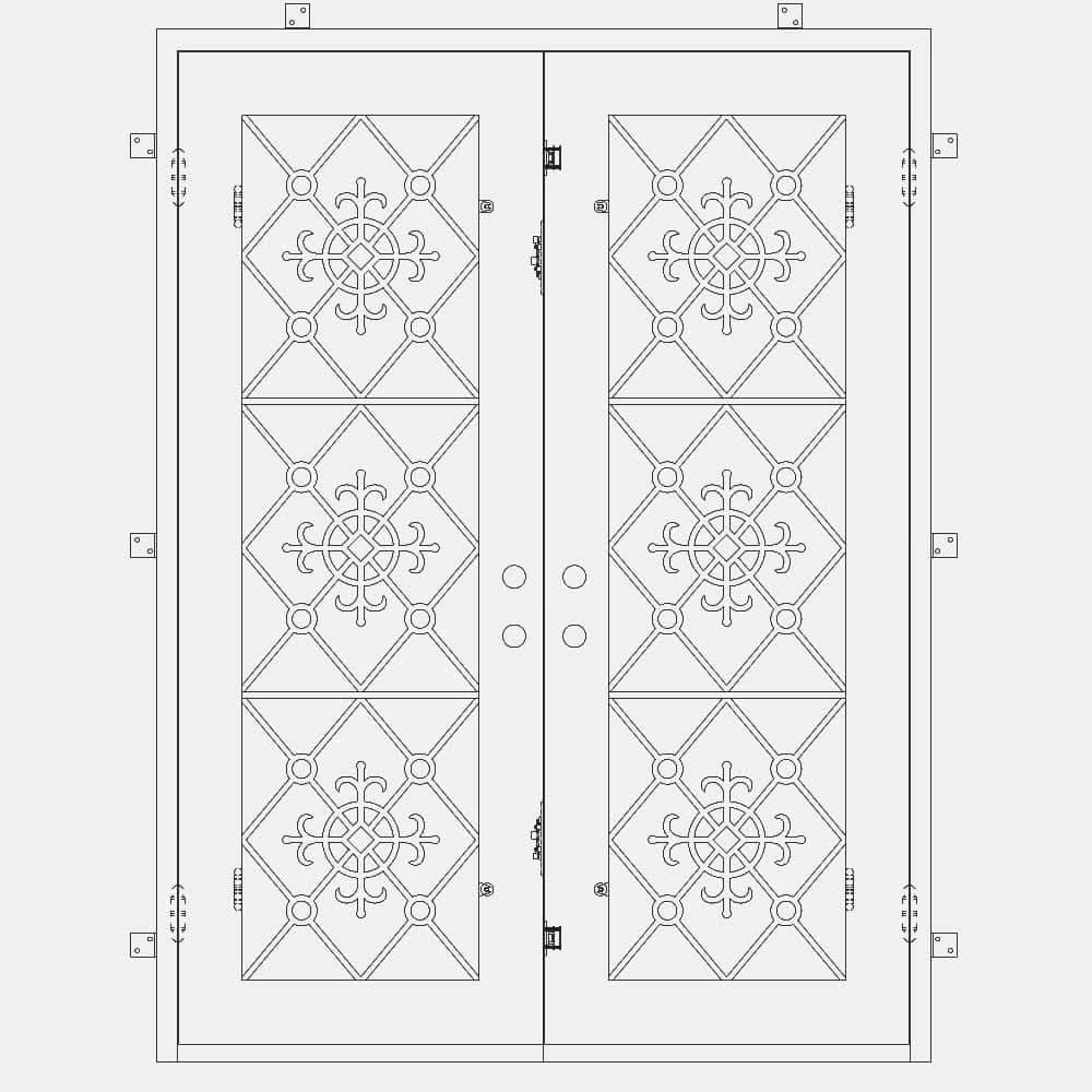 Double entryway doors with full panes of glass behind intricate iron detailing. Doors are thermally broken to protect from extreme weather.