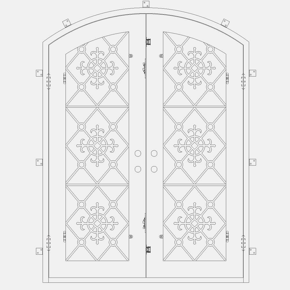 Double entryway doors with full panes of glass behind intricate iron detailing. Doors feature a slight arch and are thermally broken to protect from extreme weather.