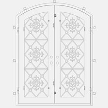 Load image into Gallery viewer, Double entryway doors with full panes of glass behind intricate iron detailing. Doors feature a slight arch and are thermally broken to protect from extreme weather.