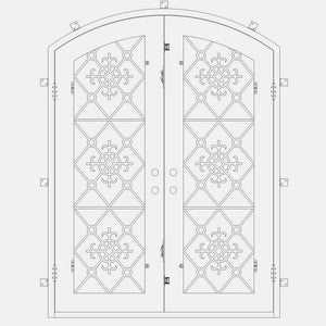 Double entryway doors with full panes of glass behind intricate iron detailing. Doors feature a slight arch and are thermally broken to protect from extreme weather.