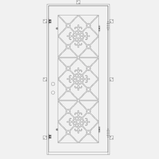 Single entryway door with a full length pane of glass behind intricate iron detailing and a thick iron frame. Door is thermally broken to protect from extreme weather.