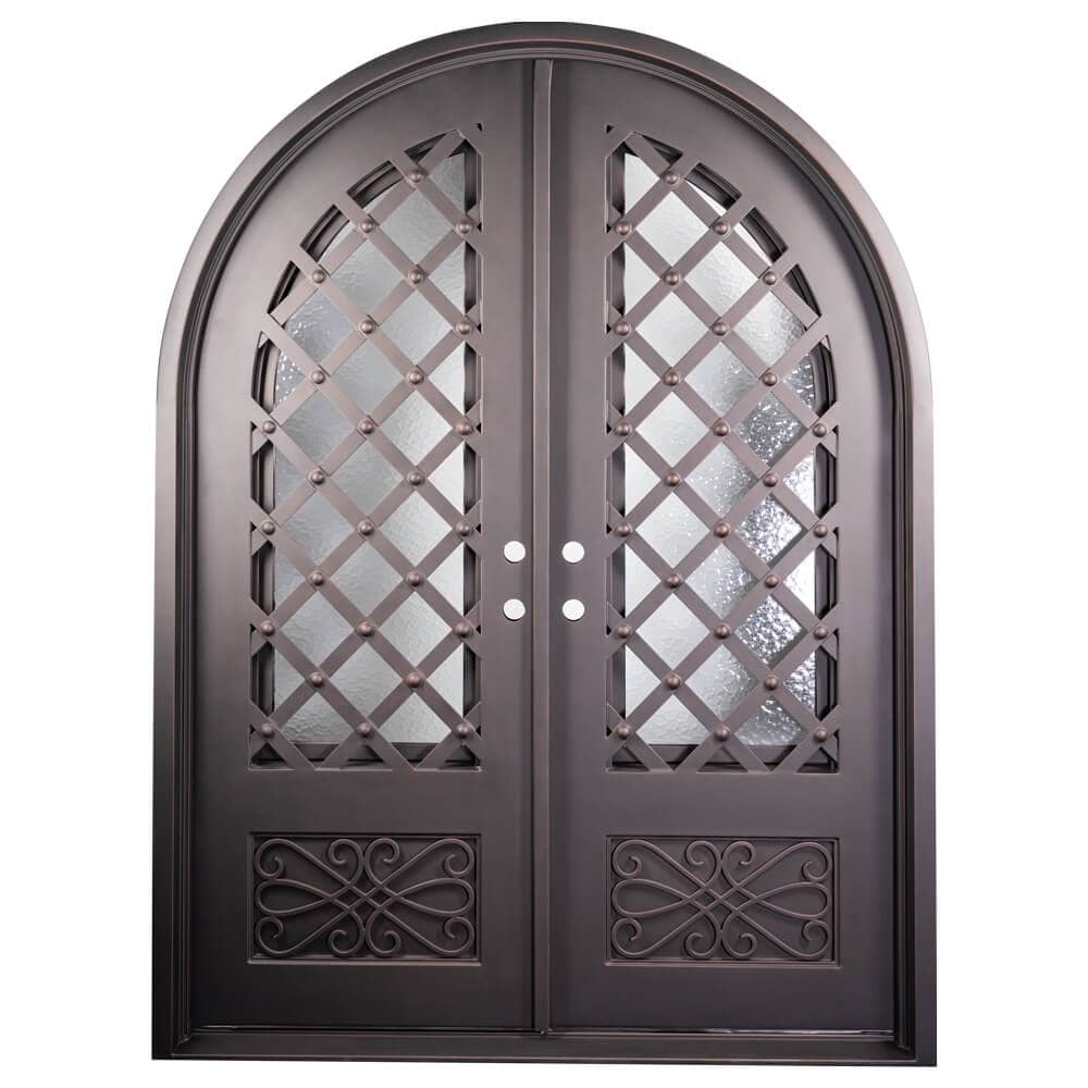 Double entryway doors made with a thick steel and iron frame, two paned windows behind an intricate iron pattern, and a full arch. Doors are thermally broken to protect from extreme weather.