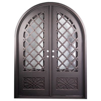 Double entryway doors made with a thick iron frame. Doors feature 3/4 glass panels behind intricate iron designs.