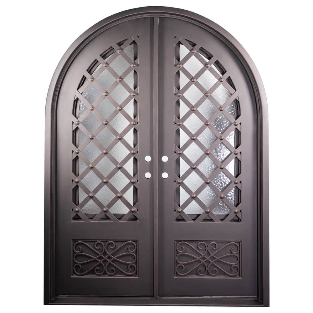 Double entryway doors with a glass panel behind intricate iron detailing. Doors are made of iron and steel and are thermally broken to protect from extreme weather.