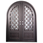 Double entryway doors with a glass panel behind intricate iron detailing. Doors are made of iron and steel and are thermally broken to protect from extreme weather.