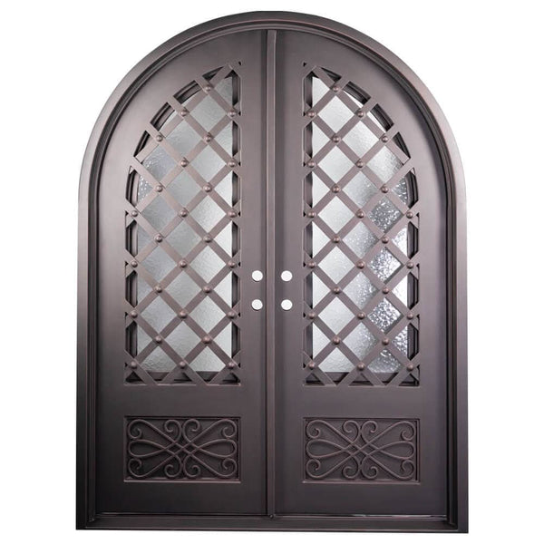 Double entryway doors with a glass panel behind intricate iron detailing. Doors are made of iron and steel and are thermally broken to protect from extreme weather.