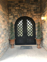 Load image into Gallery viewer, Double entryway doors made with a thick steel and iron frame, two paned windows behind an intricate iron pattern, and a full arch. Doors are thermally broken to protect from extreme weather.