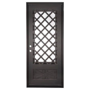 Single entryway door made with a thick iron frame. Doors feature 3/4 glass panels behind intricate iron designs.