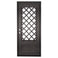 Single entryway door made with a thick iron frame. Doors feature 3/4 glass panels behind intricate iron designs.