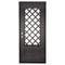 Single entryway door made with a thick iron frame. Doors feature 3/4 glass panels behind intricate iron designs.