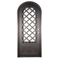 Single entryway door made of iron and steel. Door features a kickplate with iron detailing, a 3/4 glass panel behind iron detailing and a full arch. Door is thermally broken to protect from extreme weather.