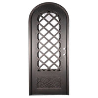 Single entryway door made of iron and steel. Door features a kickplate with iron detailing, a 3/4 glass panel behind iron detailing and a full arch. Door is thermally broken to protect from extreme weather.