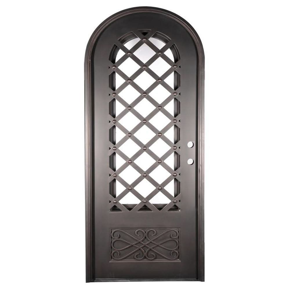 Queensway pre-hung bronze color iron single radius top door with dual-pane glass.