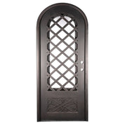 Queensway pre-hung bronze color iron single radius top door with dual-pane glass.
