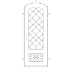 Load image into Gallery viewer, Single entryway door with a full length pane of glass behind intricate iron detailing and a thick iron frame. Door is thermally broken to protect from extreme weather.