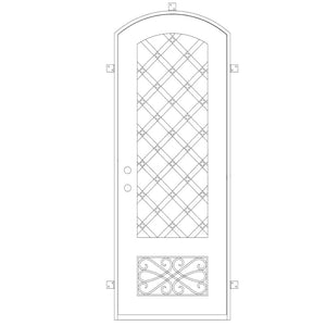 Single entryway door with a full length pane of glass behind intricate iron detailing and a thick iron frame. Door is thermally broken to protect from extreme weather.