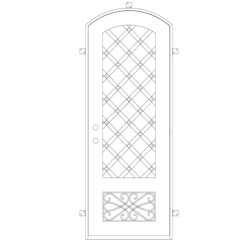 Single entryway door with a thick iron and steel frame and a full pane of glass behind intricate iron detailing.