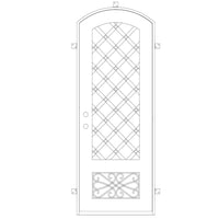 Single entryway door made with a thick iron frame. Doors feature 3/4 glass panels behind intricate iron designs.