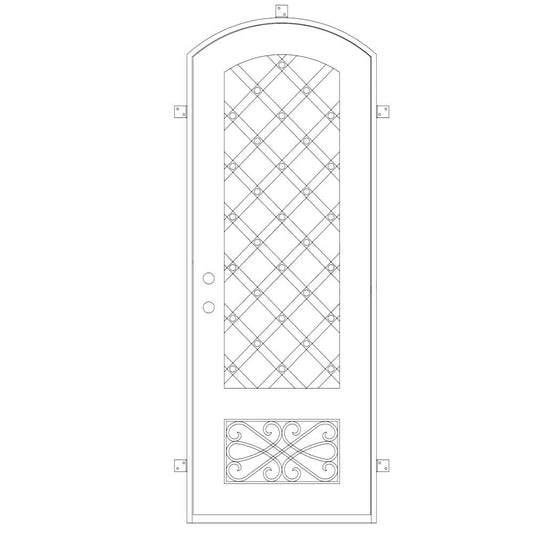 Single entryway door made with a thick iron frame. Doors feature 3/4 glass panels behind intricate iron designs.